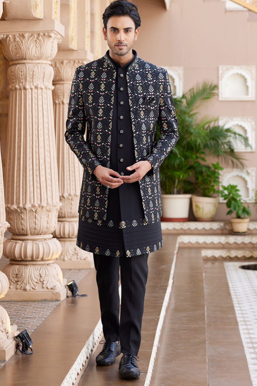 Black Art Silk Indo Western Suit Long Kurta with Jacket, Pant & Dupatta for Men for Wedding - Thread Embroidery Work