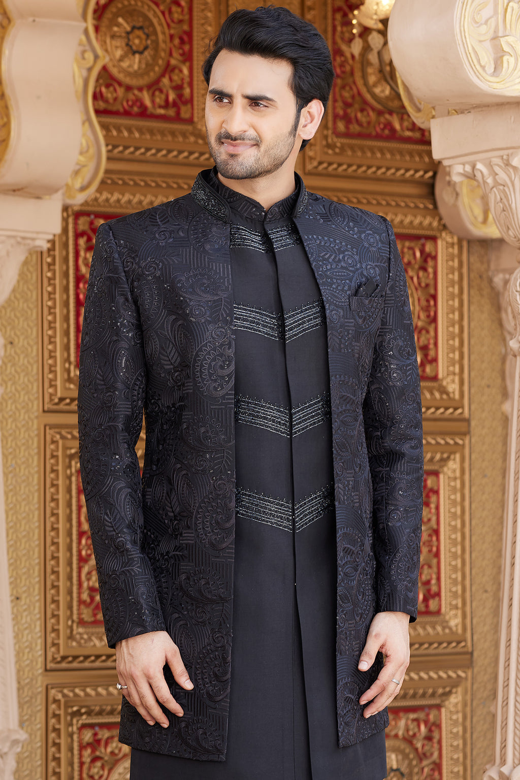 Black Art Silk Indo Western Suit Long Kurta with Jacket, Pant & Dupatta for Men for Wedding - Thread Embroidery Work