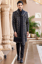 Black Art Silk Indo Western Suit Long Kurta with Jacket, Pant & Dupatta for Men for Wedding - Thread Embroidery Work