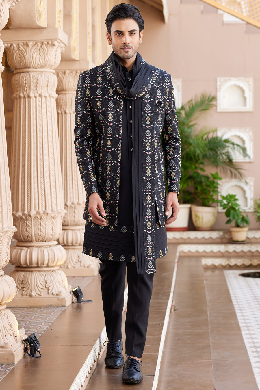 Black Art Silk Indo Western Suit Long Kurta with Jacket, Pant & Dupatta for Men for Wedding - Thread Embroidery Work