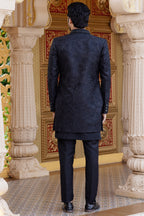 Black Art Silk Indo Western Suit Long Kurta with Jacket, Pant & Dupatta for Men for Wedding - Thread Embroidery Work