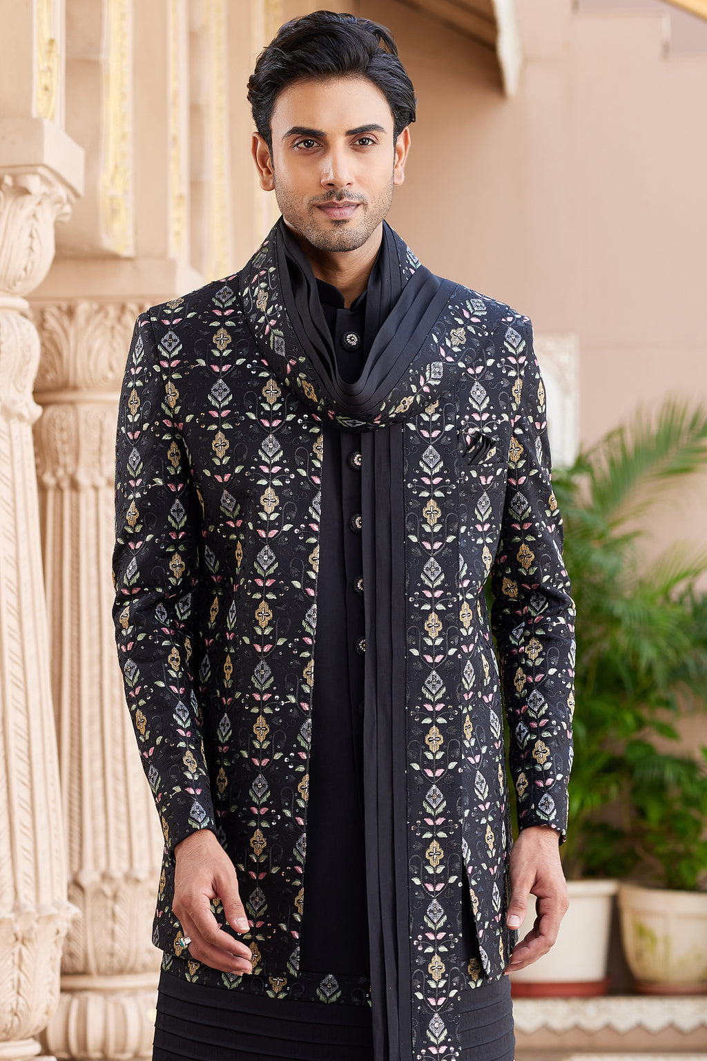Black Art Silk Indo Western Suit Long Kurta with Jacket, Pant & Dupatta for Men for Wedding - Thread Embroidery Work