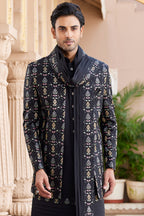 Black Art Silk Indo Western Suit Long Kurta with Jacket, Pant & Dupatta for Men for Wedding - Thread Embroidery Work