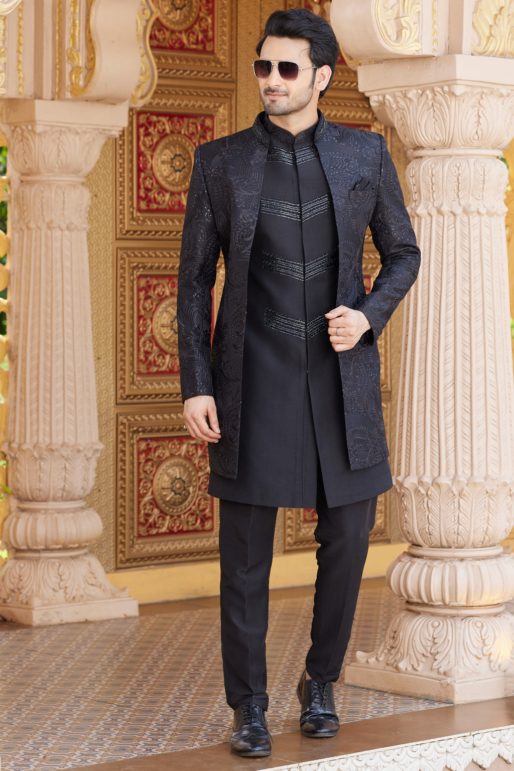 Black Art Silk Indo Western Suit Long Kurta with Jacket, Pant & Dupatta for Men for Wedding - Thread Embroidery Work