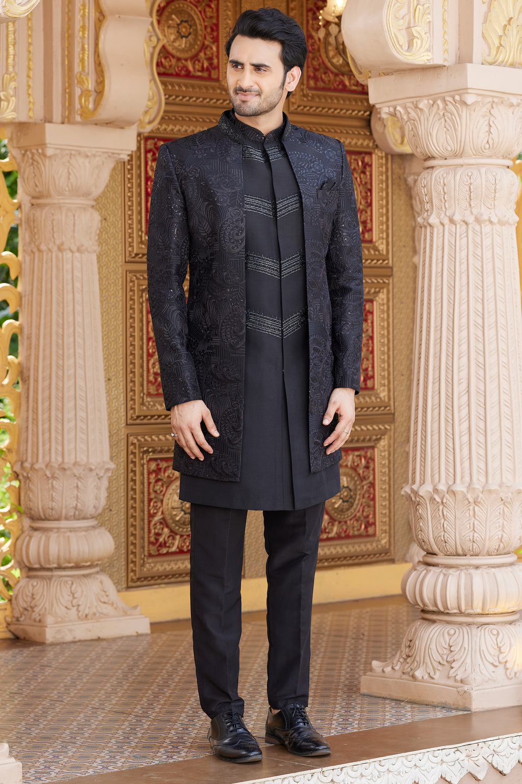 Black Art Silk Indo Western Suit Long Kurta with Jacket, Pant & Dupatta for Men for Wedding - Thread Embroidery Work