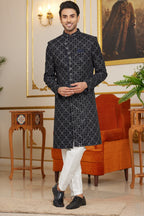 Black Art Silk Indo Western Traditional Sherwani Long Kurta & Pant Suit for Men for Wedding - Embroidery Work
