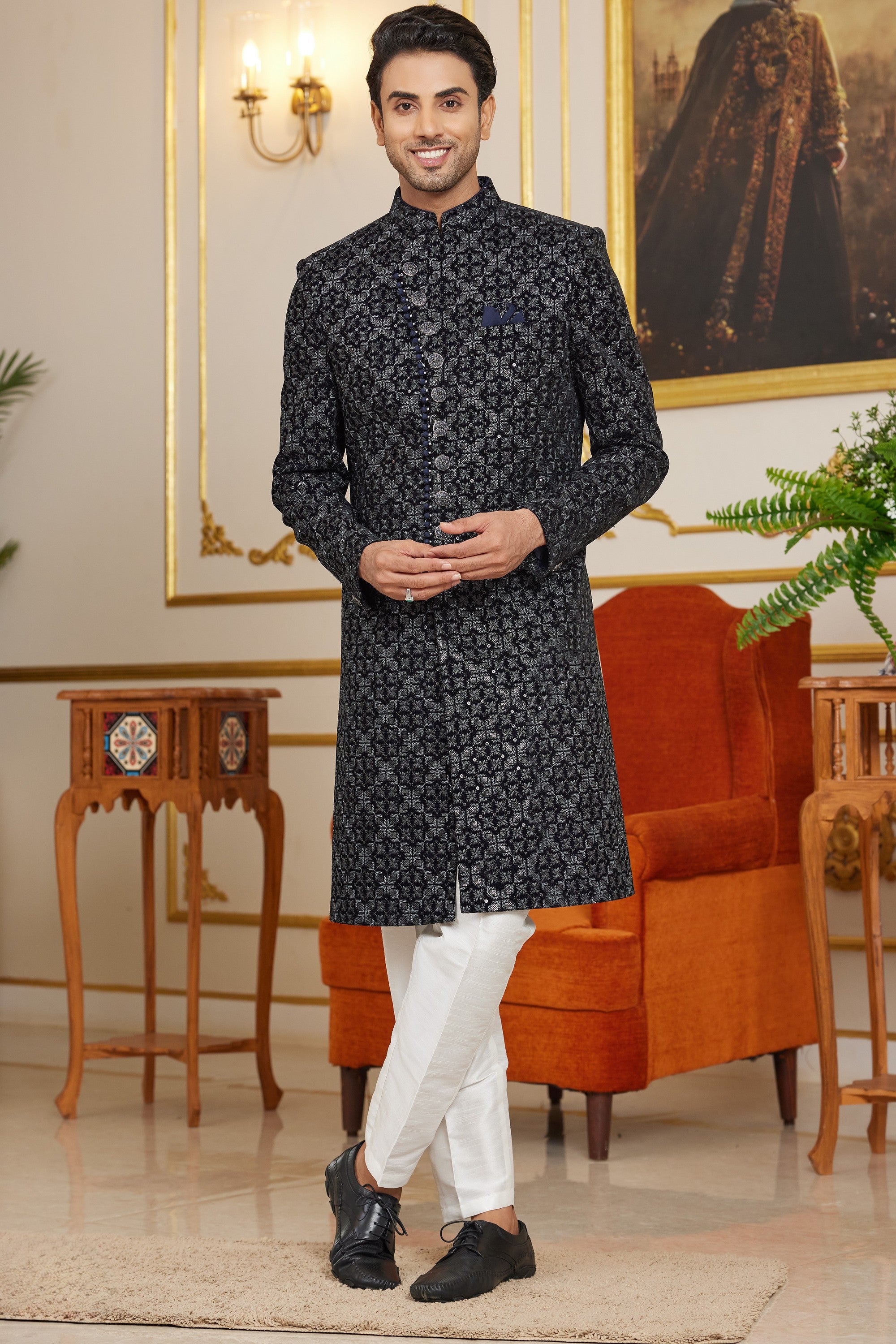 Black Art Silk Indo Western Traditional Sherwani Long Kurta & Pant Suit for Men for Wedding - Embroidery Work