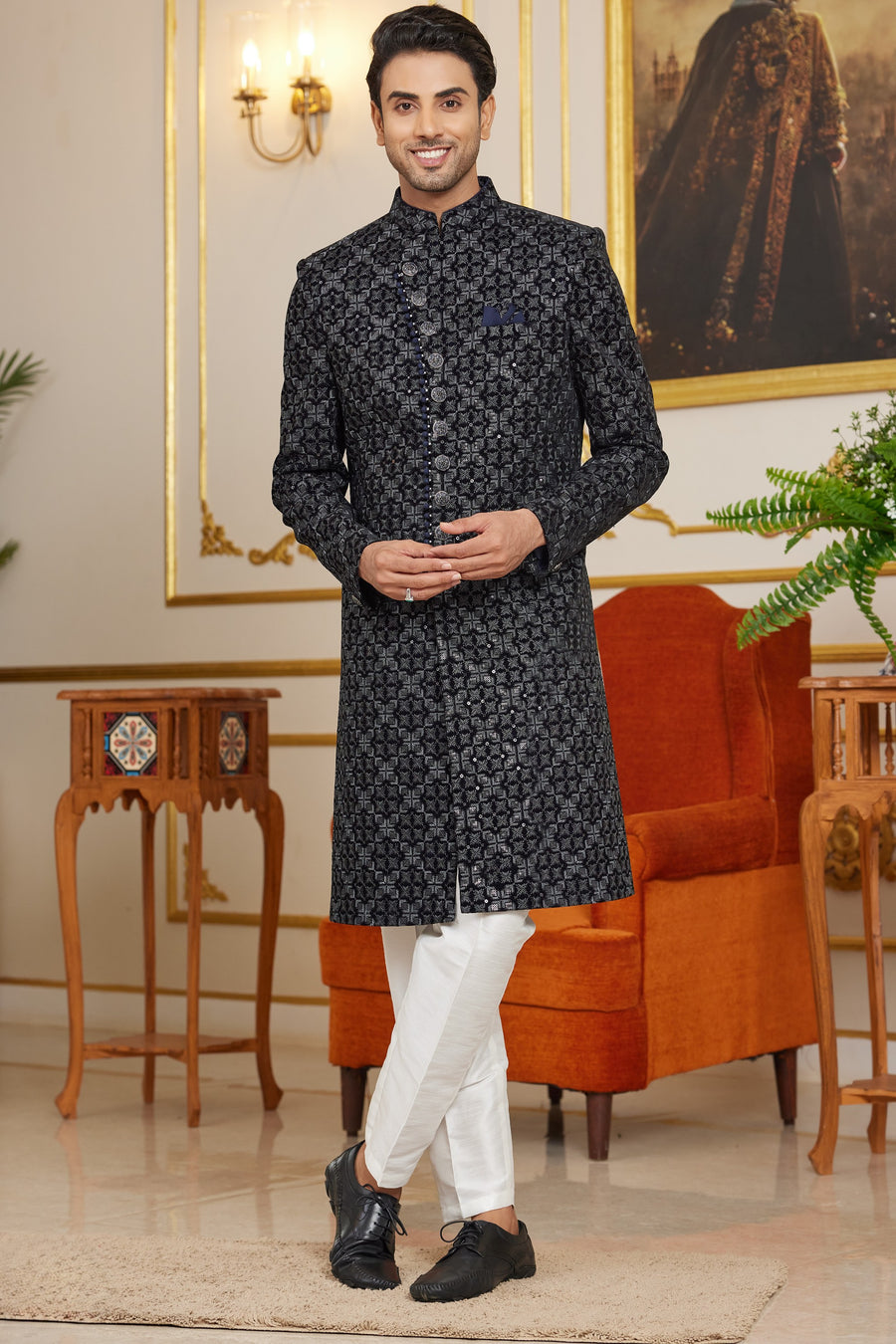 Black Art Silk Indo Western Traditional Sherwani Long Kurta & Pant Suit for Men for Wedding - Embroidery Work