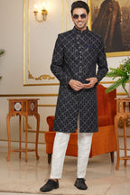 Black Art Silk Indo Western Traditional Sherwani Long Kurta & Pant Suit for Men for Wedding - Embroidery Work