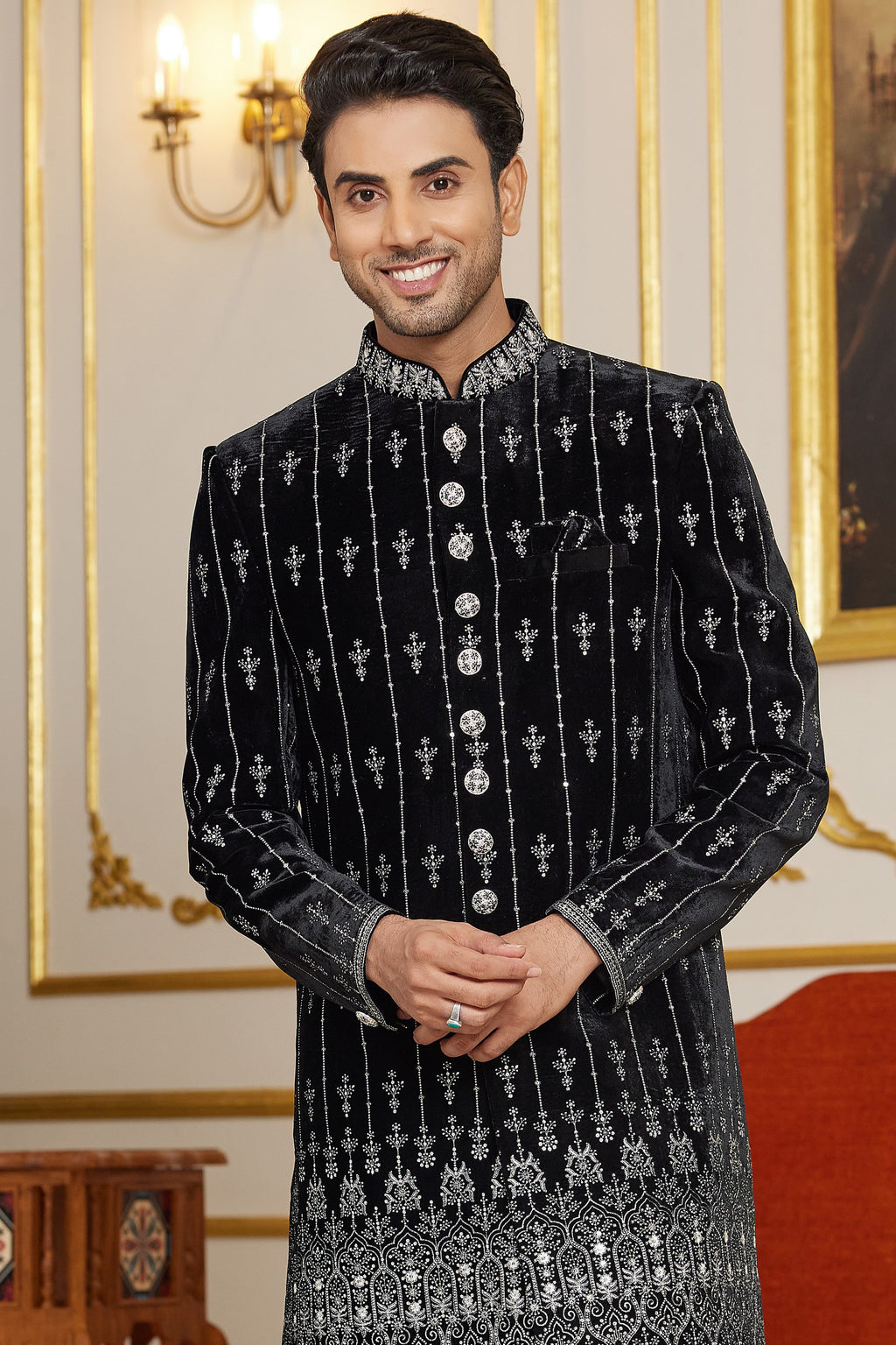 Black Art Silk Indo Western Traditional Sherwani Long Kurta & Pant Suit for Men for Wedding - Embroidery Work