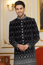Black Art Silk Indo Western Traditional Sherwani Long Kurta & Pant Suit for Men for Wedding - Embroidery Work