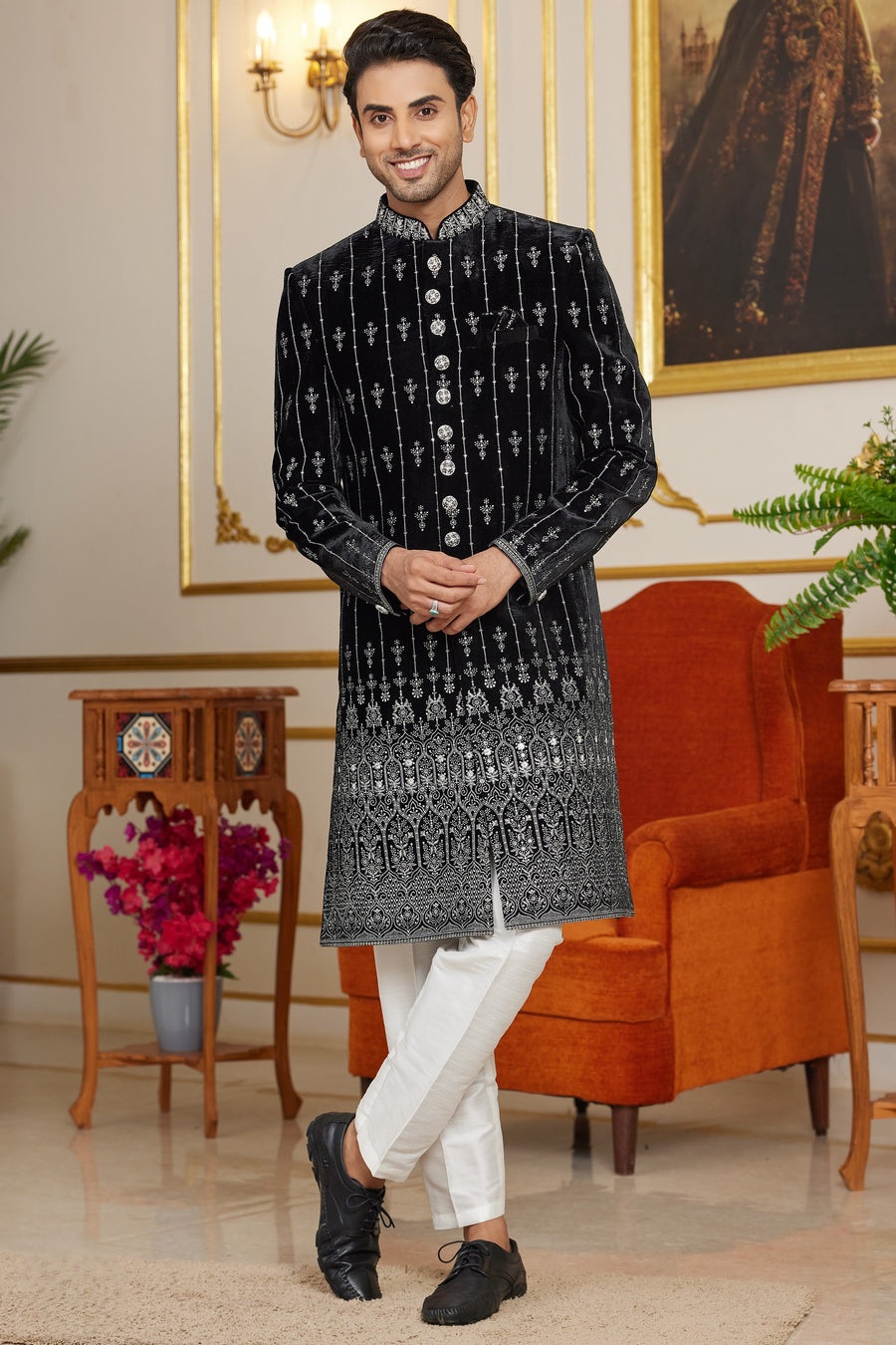 Black Art Silk Indo Western Traditional Sherwani Long Kurta & Pant Suit for Men for Wedding - Embroidery Work