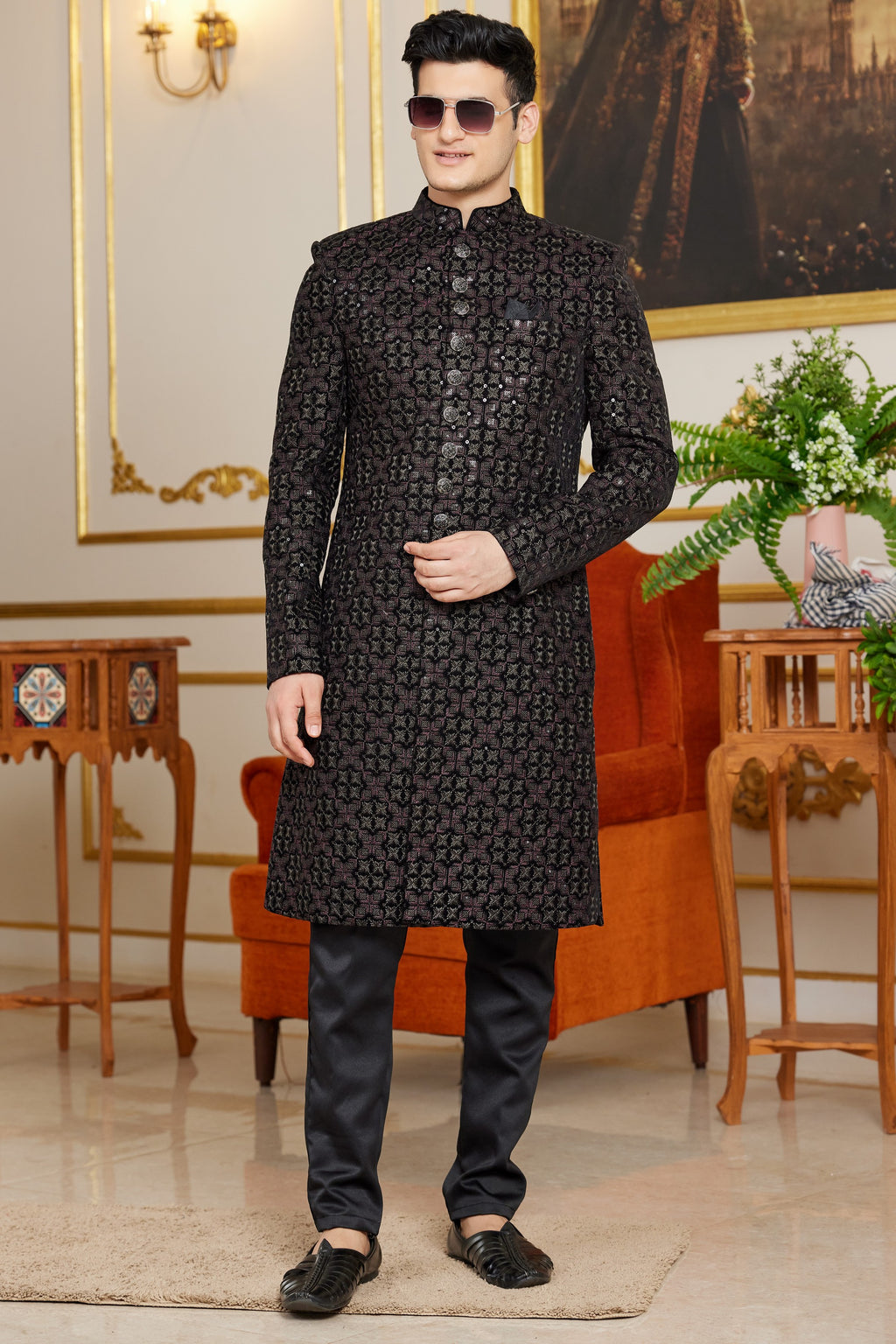 Black Art Silk Indo Western Traditional Sherwani Long Kurta & Pant Suit for Men for Wedding - Embroidery Work
