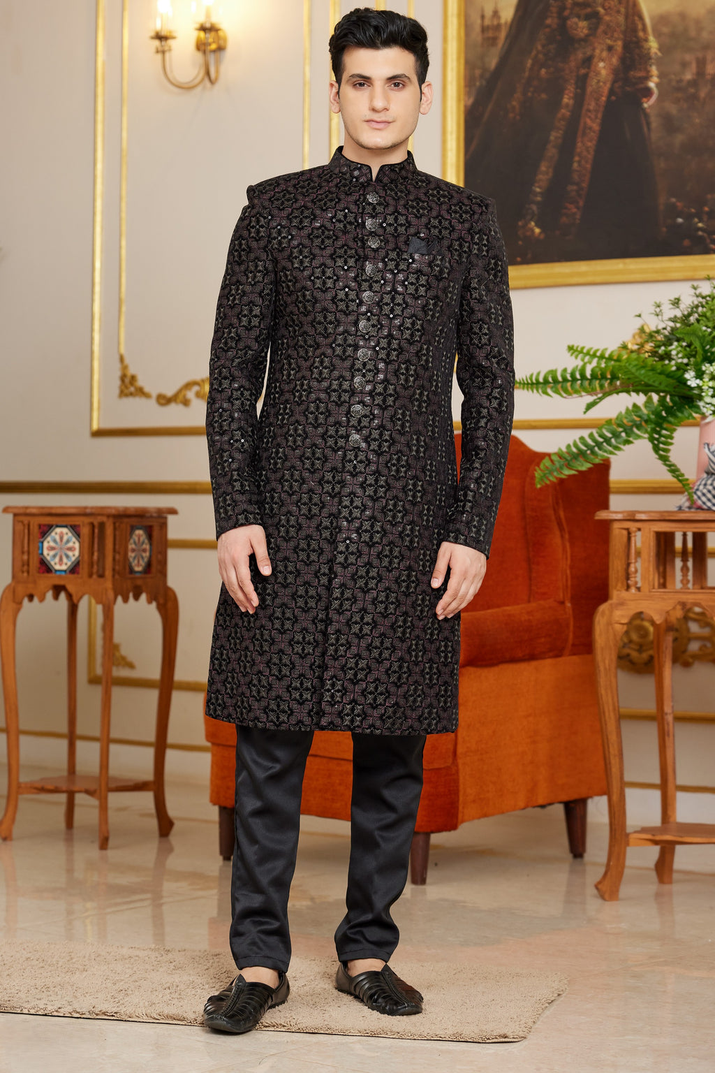 Black Art Silk Indo Western Traditional Sherwani Long Kurta & Pant Suit for Men for Wedding - Embroidery Work