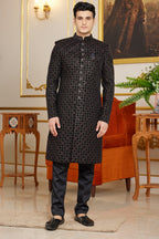 Black Art Silk Indo Western Traditional Sherwani Long Kurta & Pant Suit for Men for Wedding - Embroidery Work