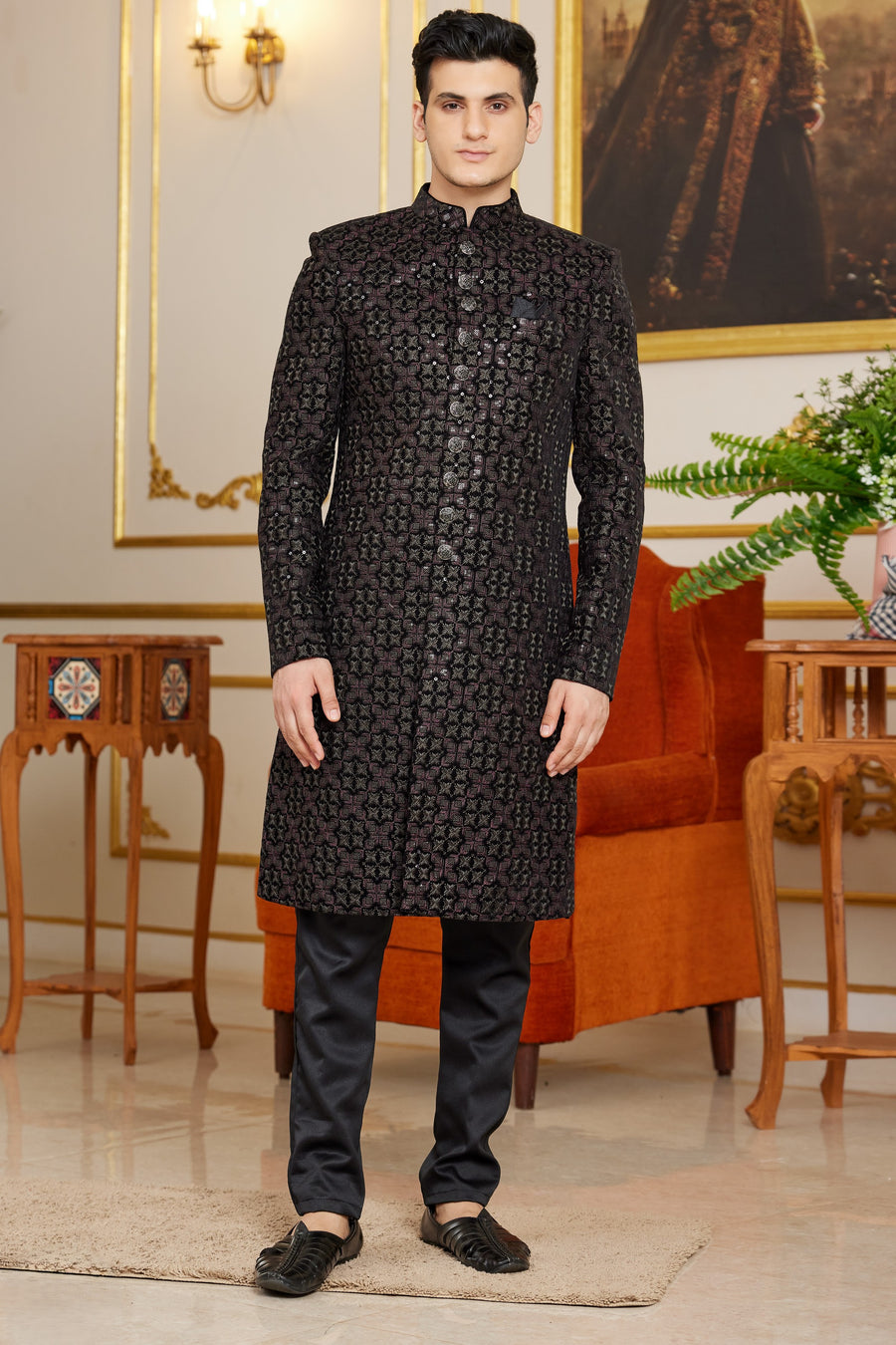 Black Art Silk Indo Western Traditional Sherwani Long Kurta & Pant Suit for Men for Wedding - Embroidery Work