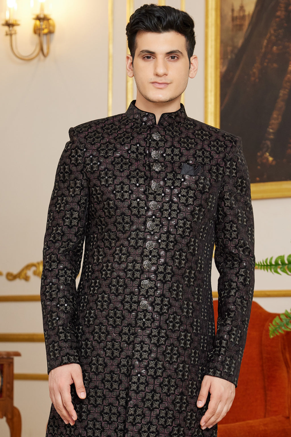 Black Art Silk Indo Western Traditional Sherwani Long Kurta & Pant Suit for Men for Wedding - Embroidery Work