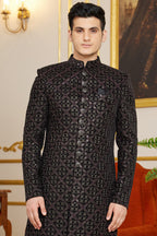 Black Art Silk Indo Western Traditional Sherwani Long Kurta & Pant Suit for Men for Wedding - Embroidery Work
