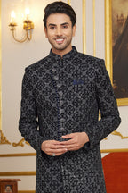 Black Art Silk Indo Western Traditional Sherwani Long Kurta & Pant Suit for Men for Wedding - Embroidery Work