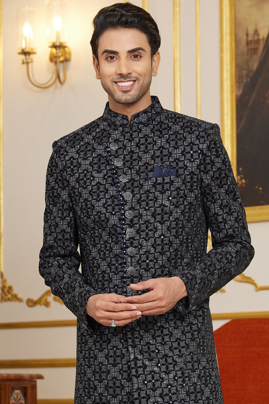 Black Art Silk Indo Western Traditional Sherwani Long Kurta & Pant Suit for Men for Wedding - Embroidery Work
