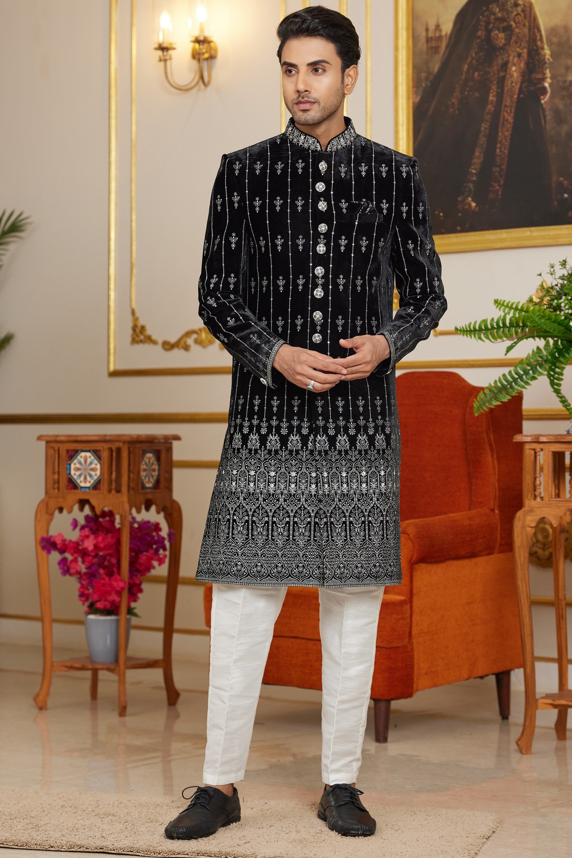 Black Art Silk Indo Western Traditional Sherwani Long Kurta & Pant Suit for Men for Wedding - Embroidery Work