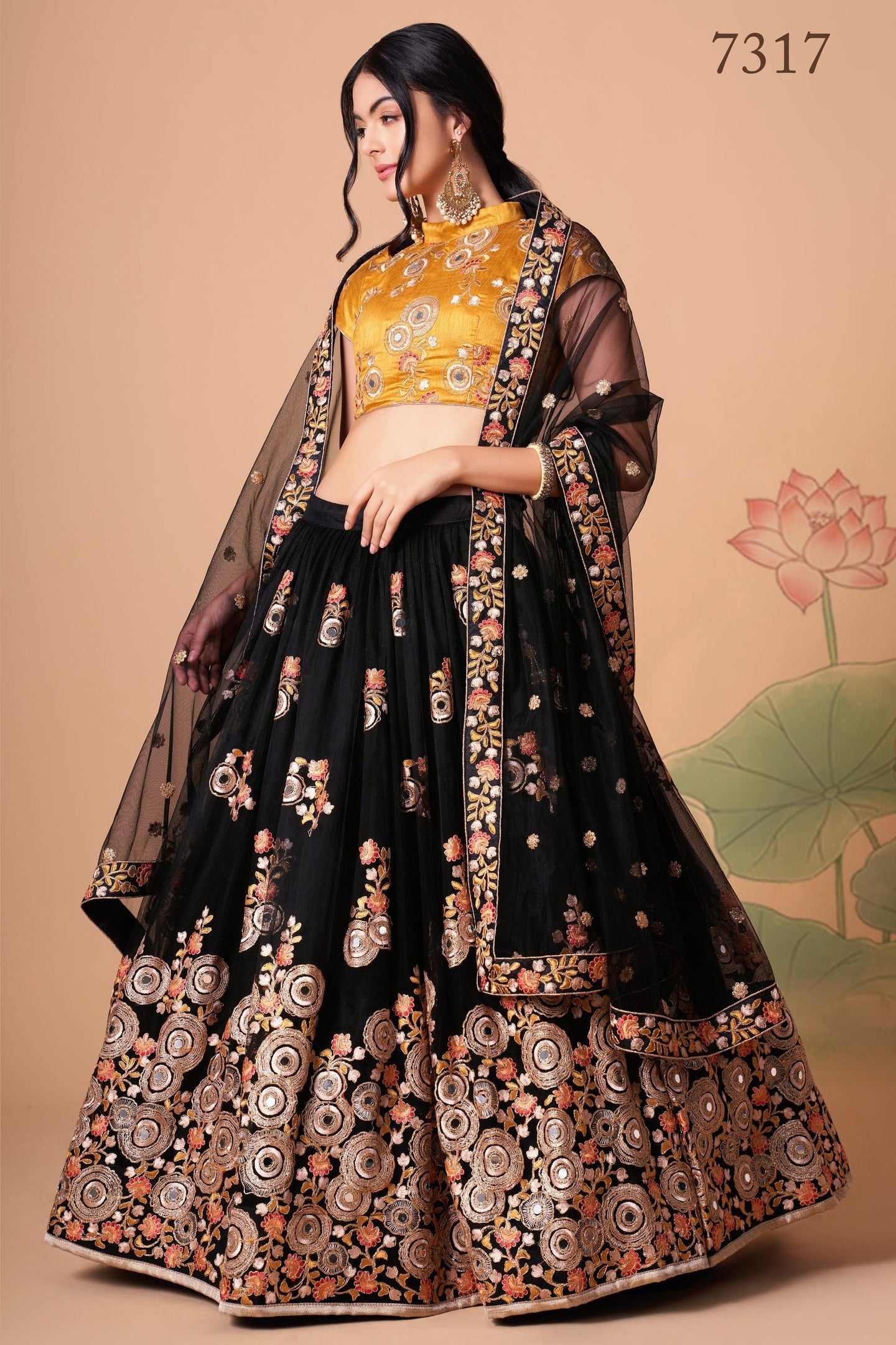 Black Art Silk Lehenga Choli For Indian & Pakistani Wedding Festival - Sequins & Thread Embroidery Work, Zari Work, Real Mirror Work, Mirr