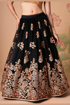 Black Art Silk Lehenga Choli For Indian & Pakistani Wedding Festival - Sequins & Thread Embroidery Work, Zari Work, Real Mirror Work, Mirr