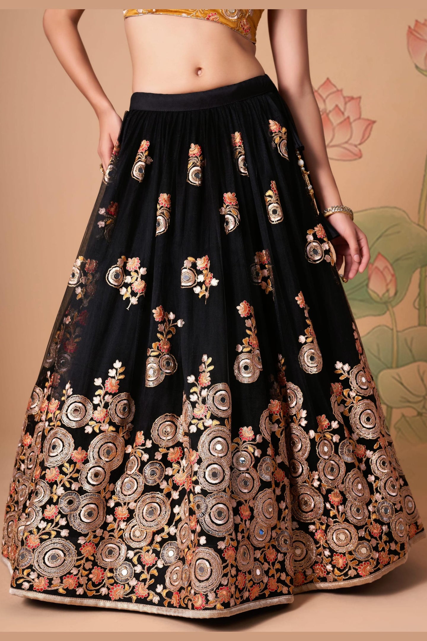 Black Art Silk Lehenga Choli For Indian & Pakistani Wedding Festival - Sequins & Thread Embroidery Work, Zari Work, Real Mirror Work, Mirr