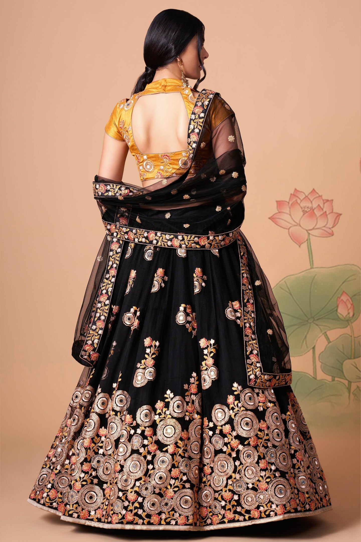Black Art Silk Lehenga Choli For Indian & Pakistani Wedding Festival - Sequins & Thread Embroidery Work, Zari Work, Real Mirror Work, Mirr
