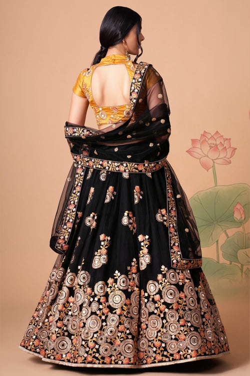 Black Art Silk Lehenga Choli For Indian & Pakistani Wedding Festival - Sequins & Thread Embroidery Work, Zari Work, Real Mirror Work, Mirr