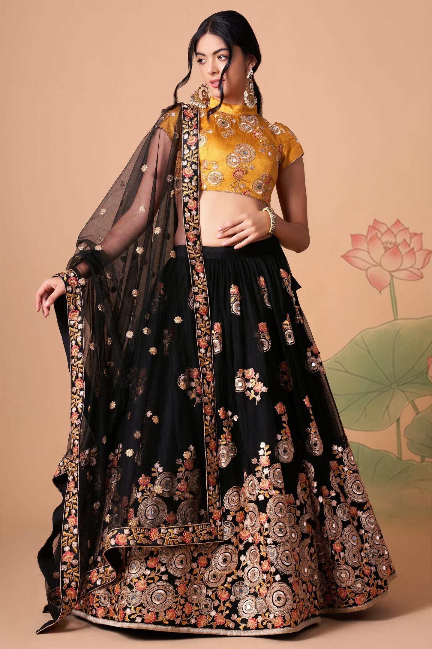Black Art Silk Lehenga Choli For Indian & Pakistani Wedding Festival - Sequins & Thread Embroidery Work, Zari Work, Real Mirror Work, Mirr
