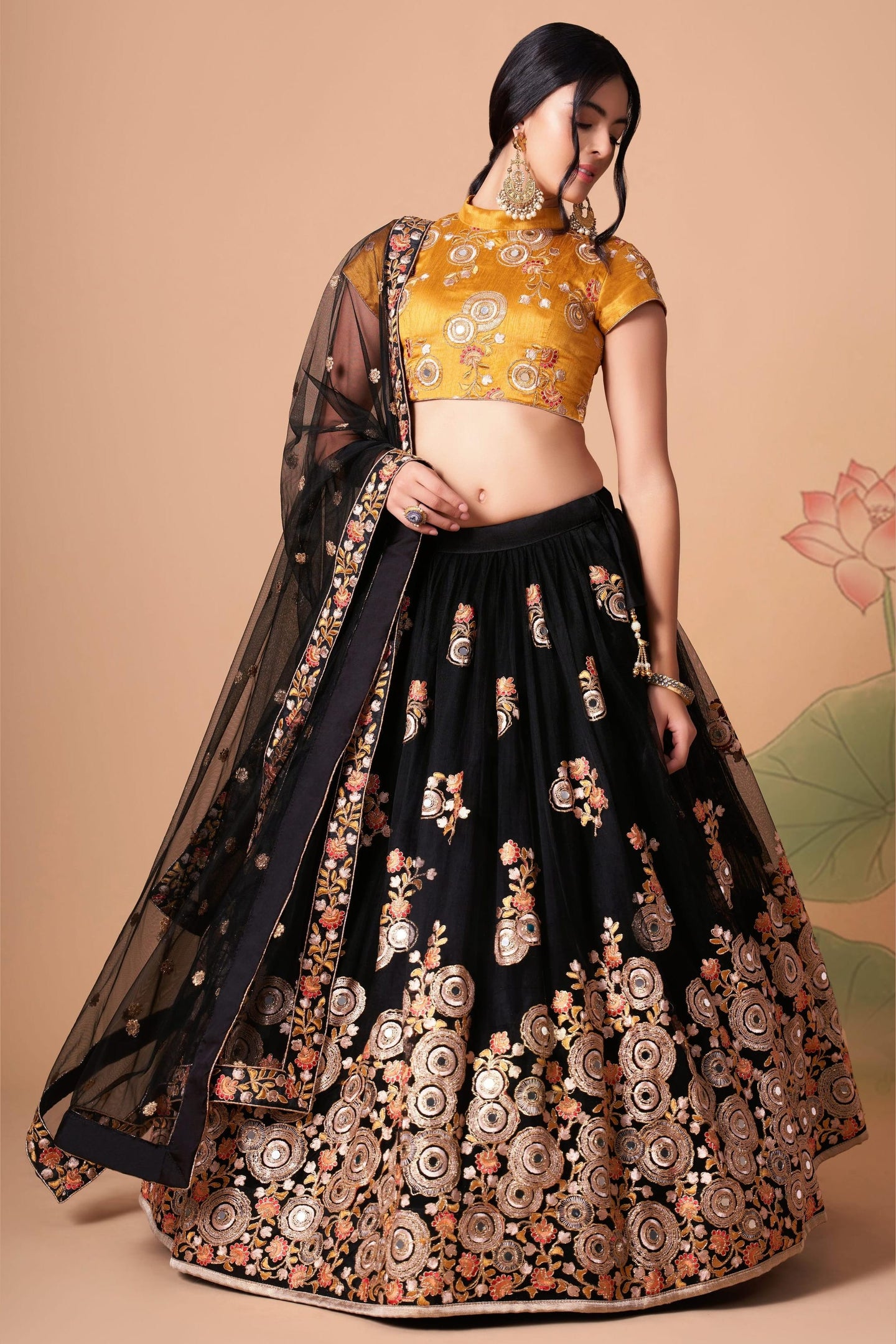Black Art Silk Lehenga Choli For Indian & Pakistani Wedding Festival - Sequins & Thread Embroidery Work, Zari Work, Real Mirror Work, Mirr