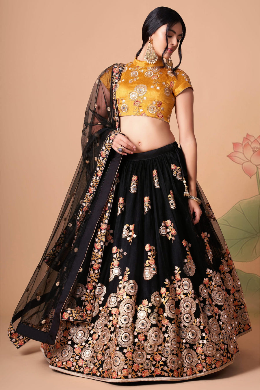 Black Art Silk Lehenga Choli For Indian & Pakistani Wedding Festival - Sequins & Thread Embroidery Work, Zari Work, Real Mirror Work, Mirr