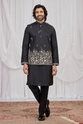 Black Art Silk Men's Kurta and Pajama with Embroidered Jacket