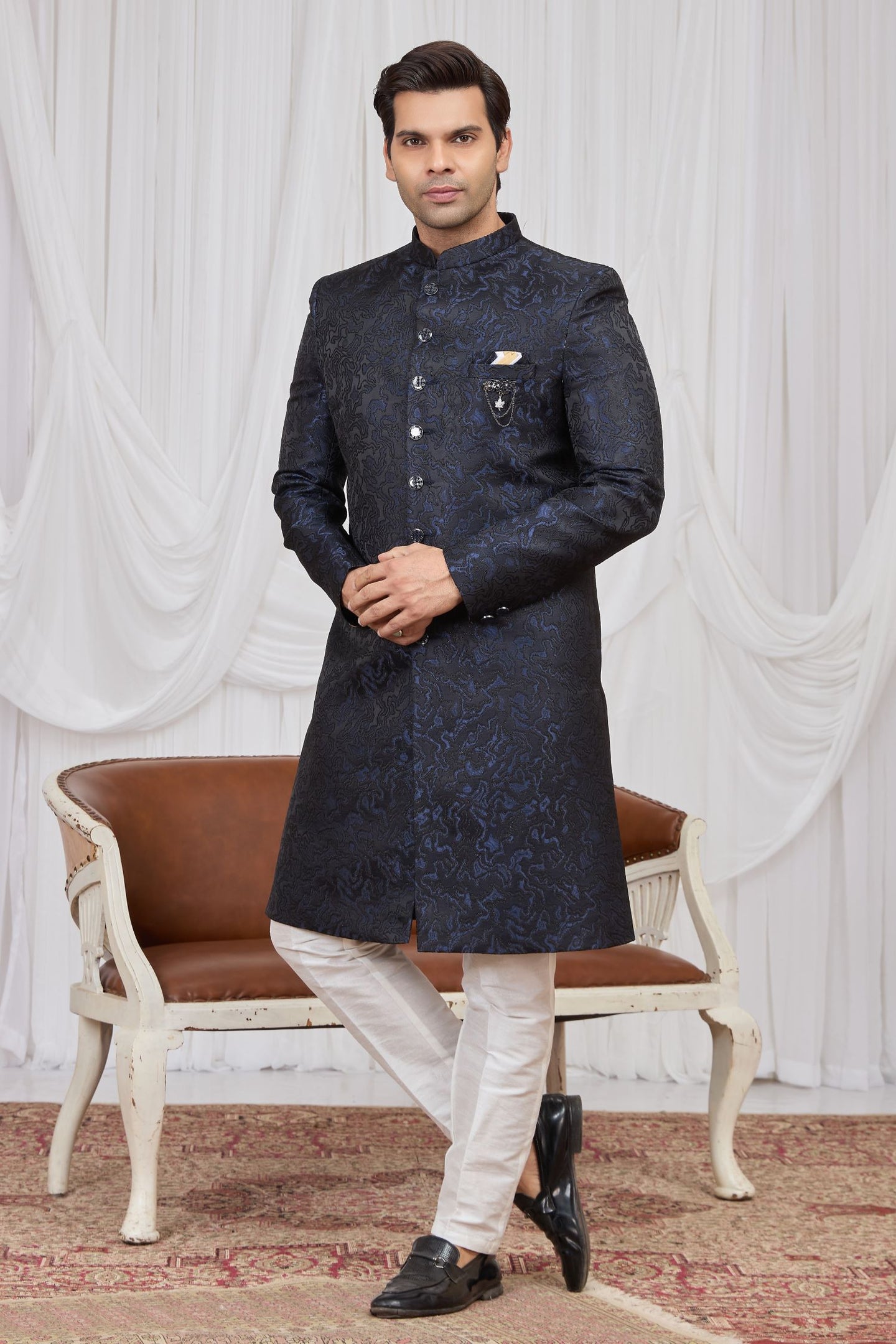 Black Blue Jacquard Weaving Work Men's Kurta and Pajama Sherwani