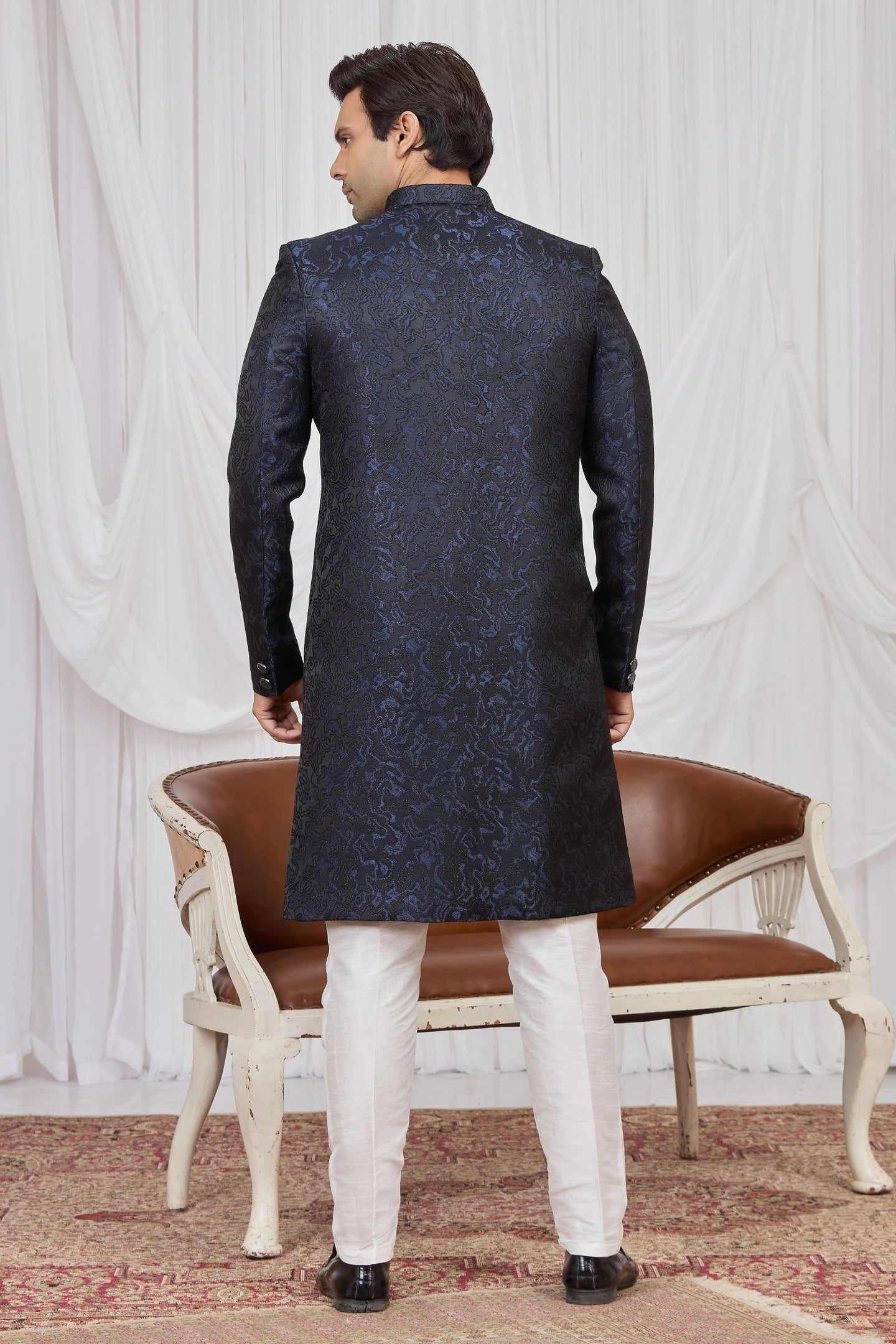 Black Blue Jacquard Weaving Work Men's Kurta and Pajama Sherwani