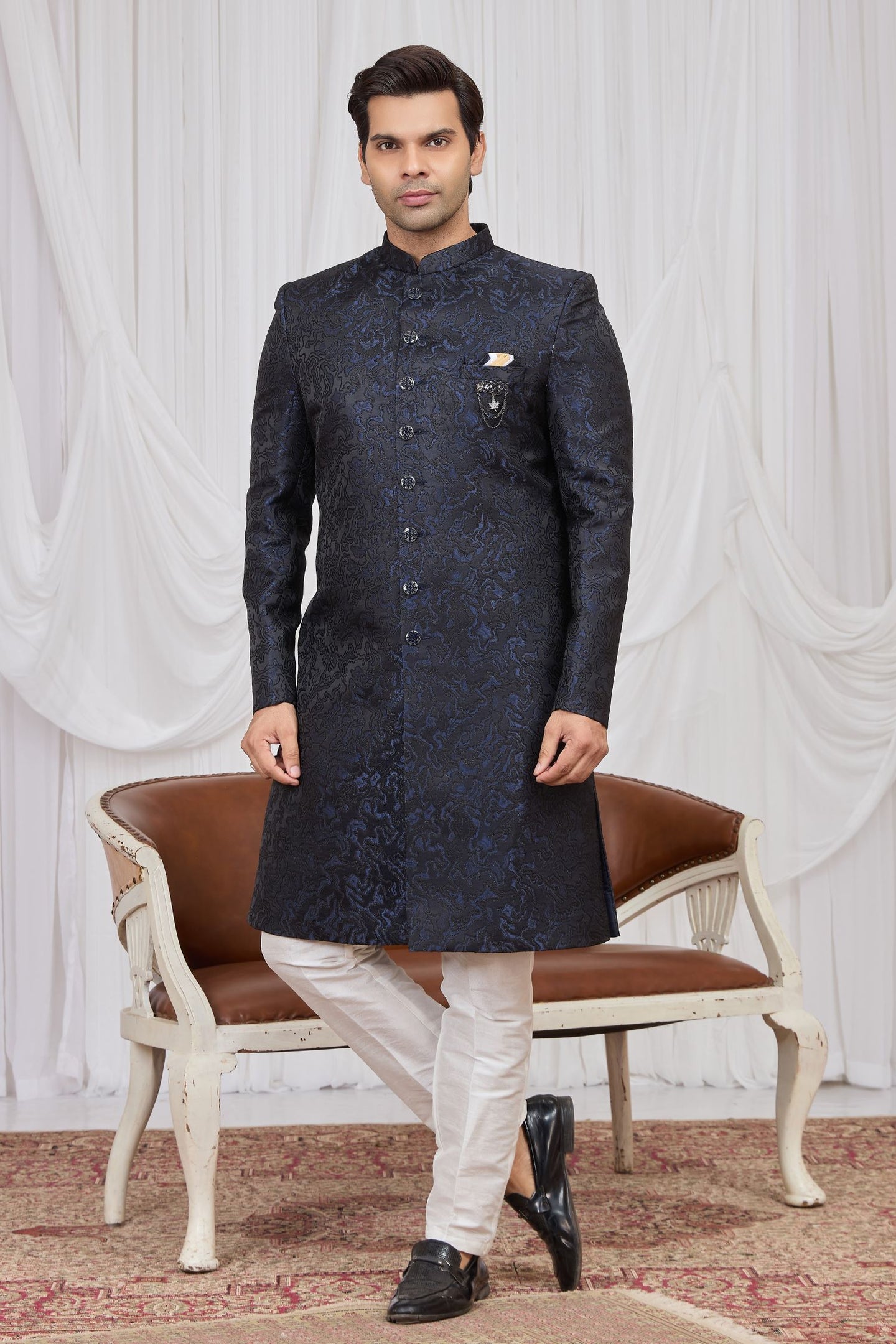 Black Blue Jacquard Weaving Work Men's Kurta and Pajama Sherwani
