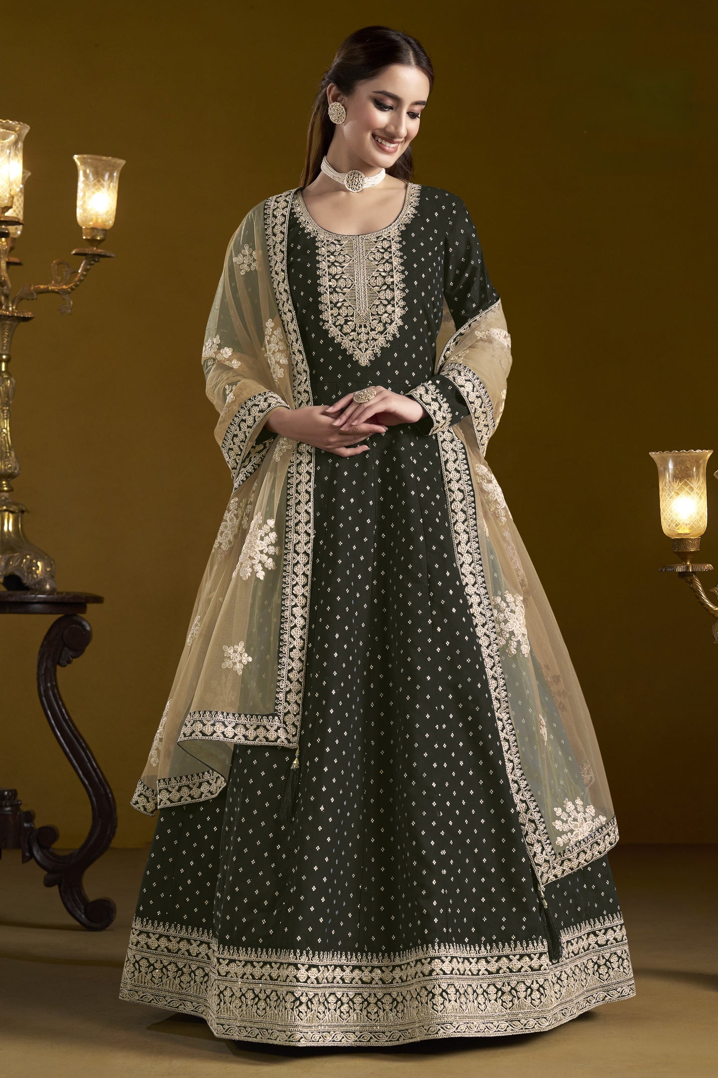 Black Chanderi Silk Anarkali Dress for Reception
