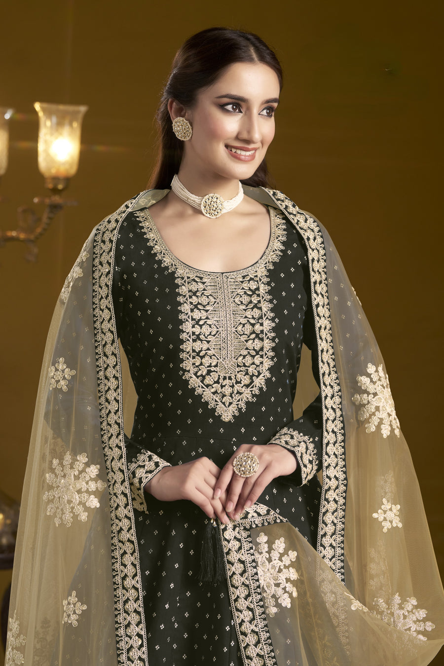 Black Chanderi Silk Anarkali Dress for Reception