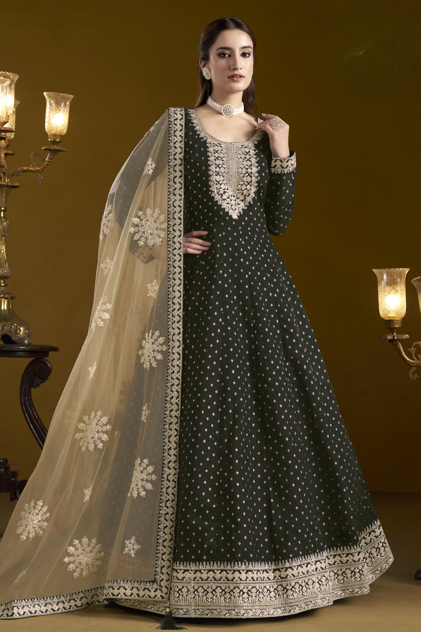 Black Chanderi Silk Anarkali Dress for Reception