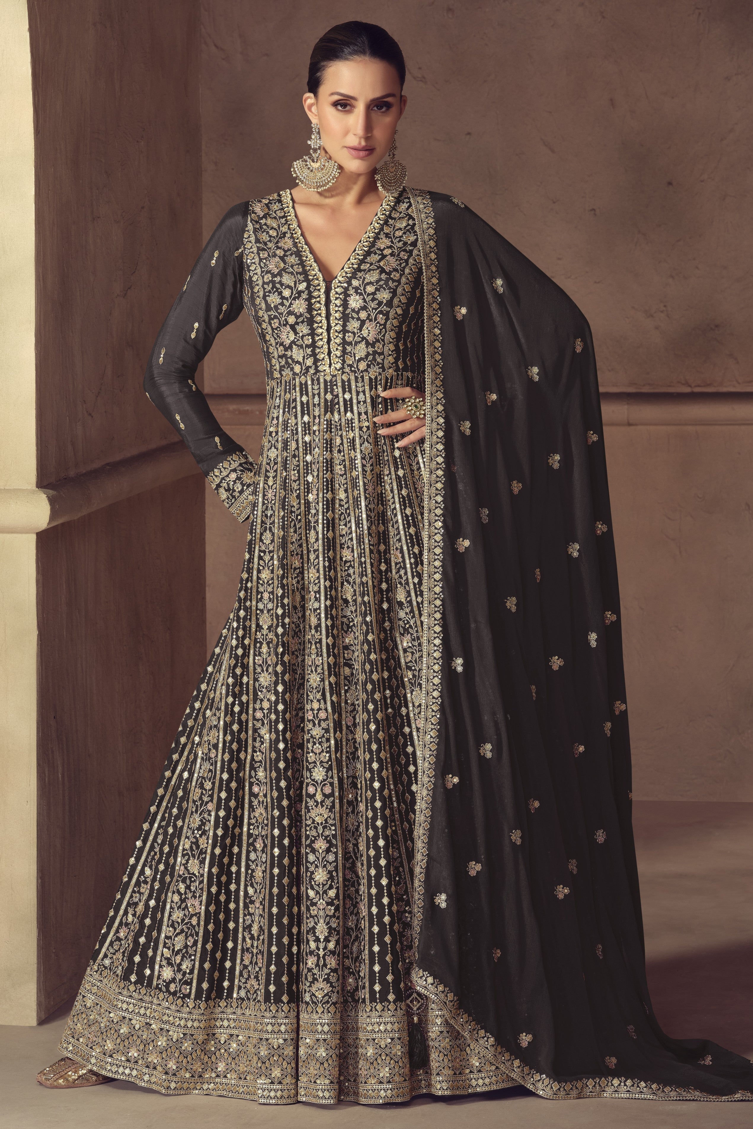 Black Chinon Silk Anarkali Suit For Indian & Pakistani Wedding Festival - Thread & Sequence Embroidery