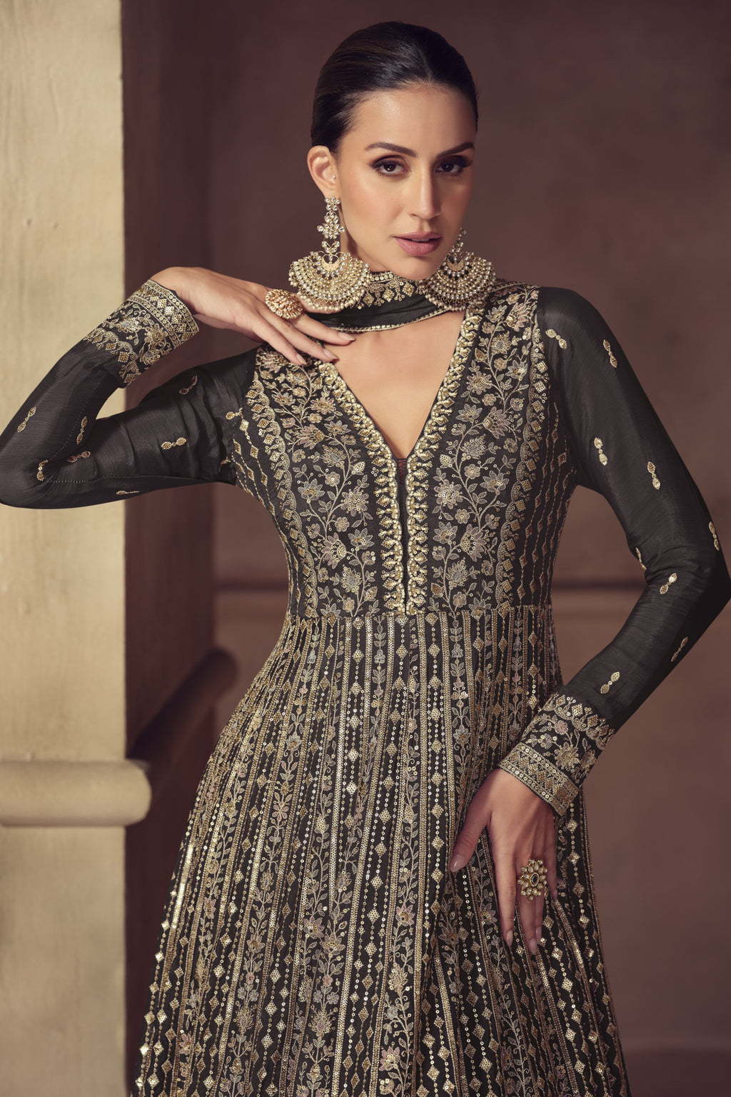 Black Chinon Silk Anarkali Suit For Indian & Pakistani Wedding Festival - Thread & Sequence Embroidery