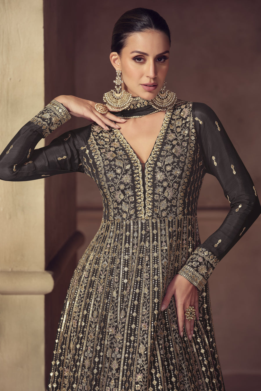 Black Chinon Silk Anarkali Suit For Indian & Pakistani Wedding Festival - Thread & Sequence Embroidery