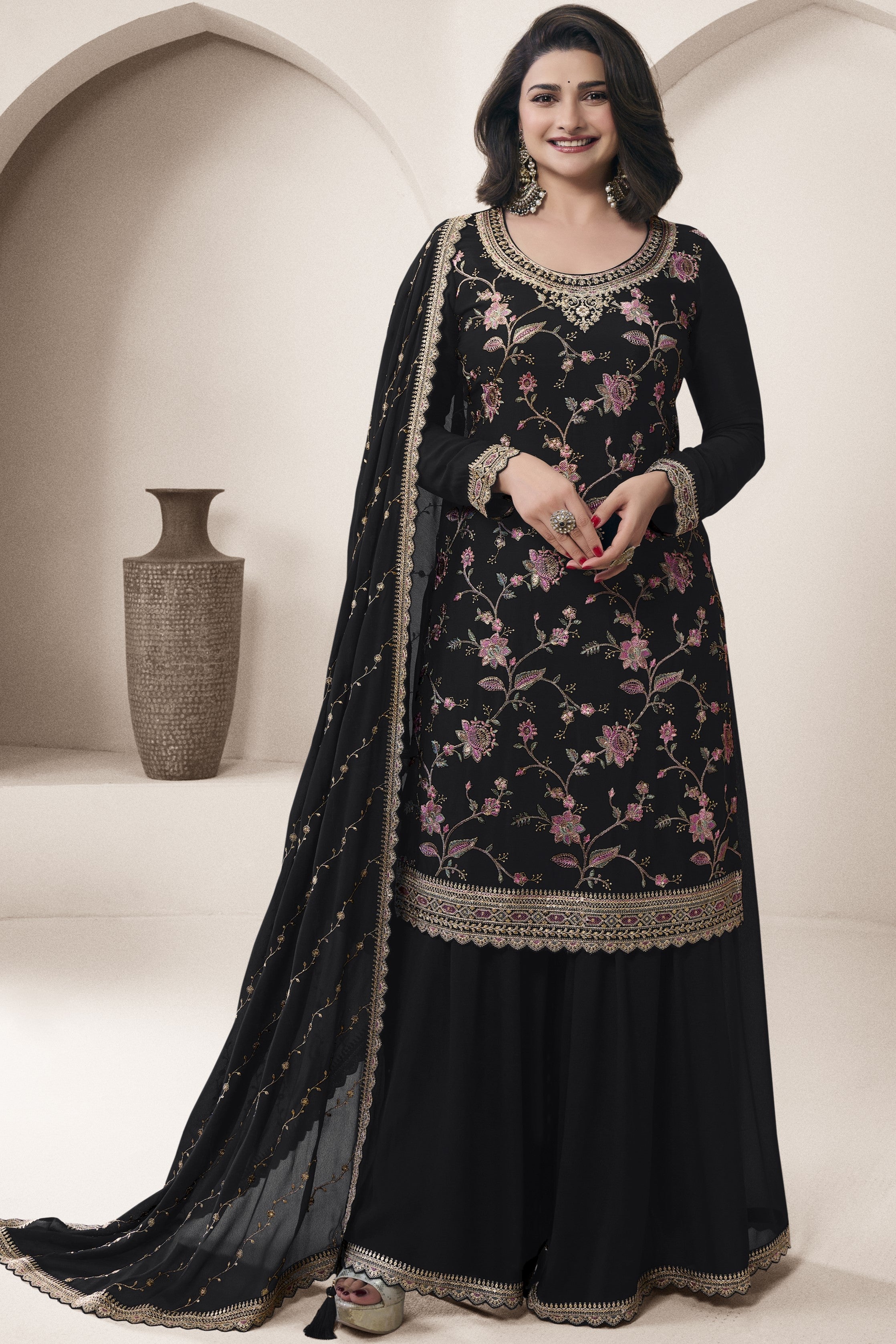 Black Chinon Silk Palazzo Suit For Indian Wedding & Pakistani Festival - Embroidery Work