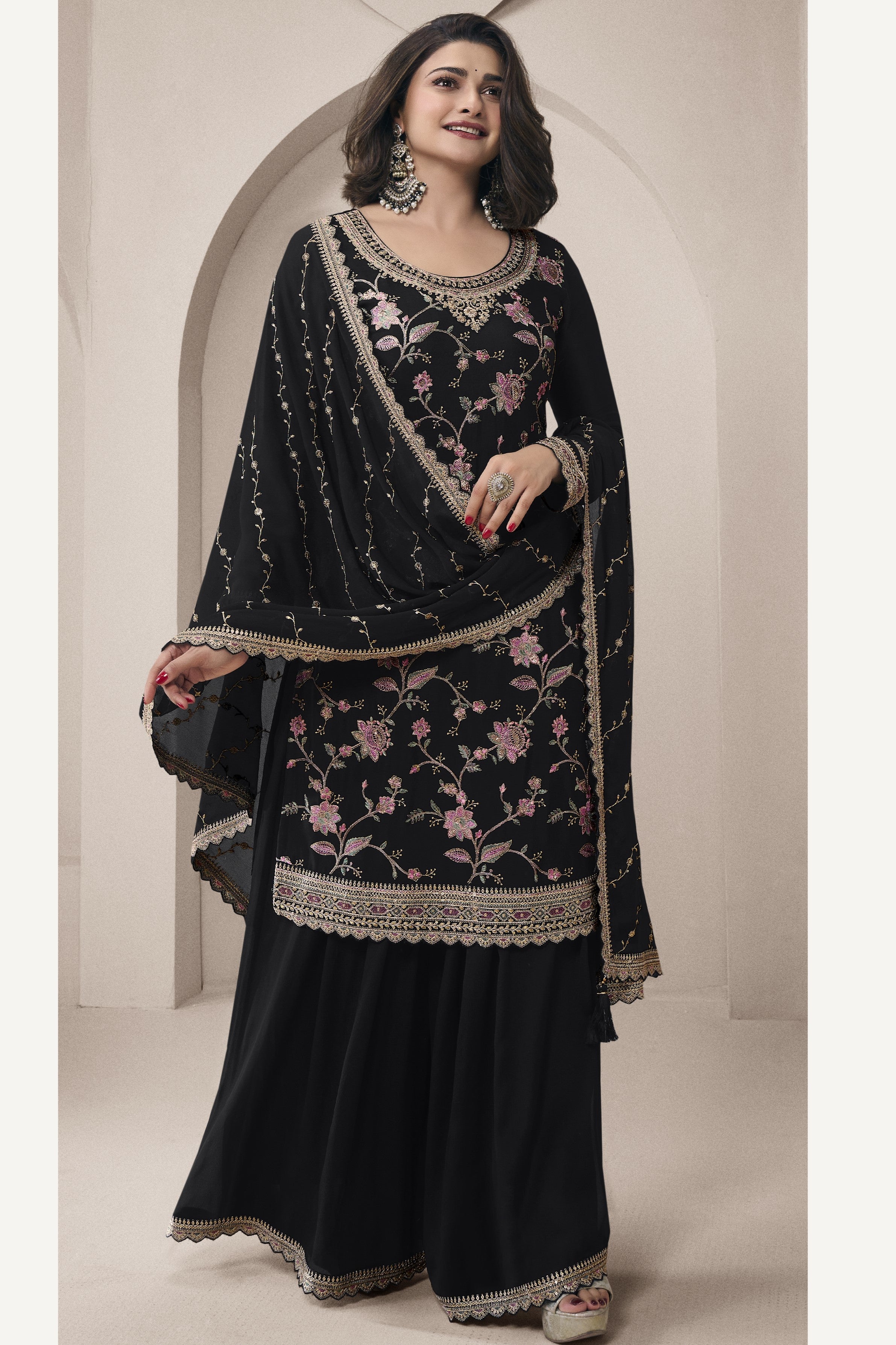 Black Chinon Silk Palazzo Suit For Indian Wedding & Pakistani Festival - Embroidery Work