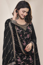 Black Chinon Silk Palazzo Suit For Indian Wedding & Pakistani Festival - Embroidery Work