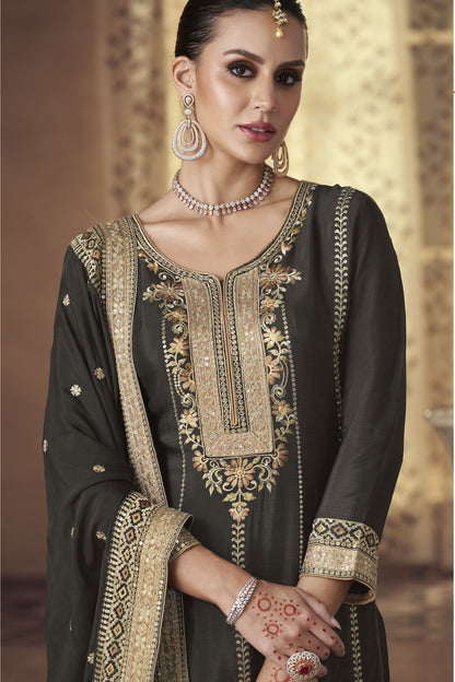 Black Chinon Silk Palazzo Suit For Indian Weddings & Pakitani Festival - Embroidery Work