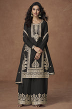 Black Chinon Silk Plazo Suit For Indian & Pakistani Wedding Festival - Embroidery Work