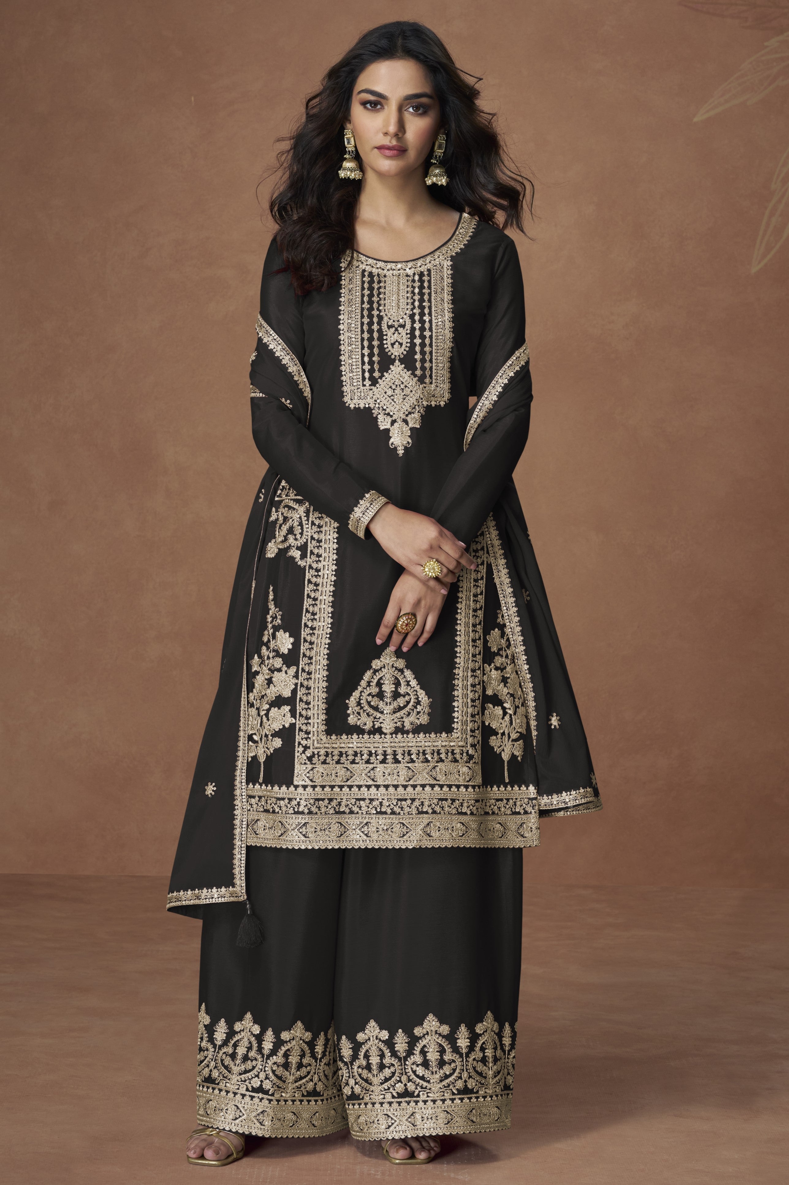 Black Chinon Silk Plazo Suit For Indian & Pakistani Wedding Festival - Embroidery Work