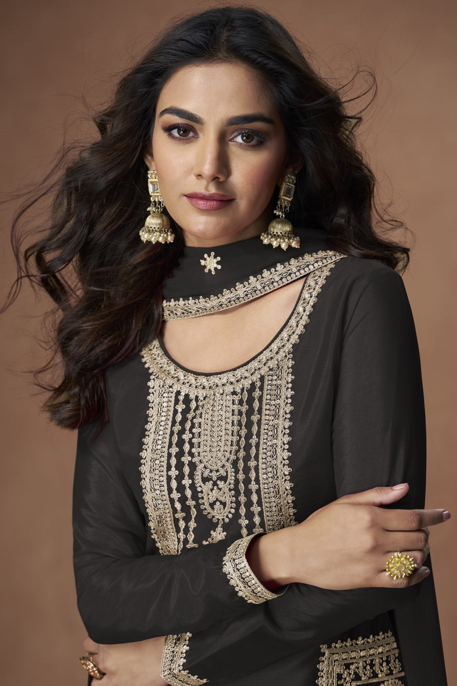 Black Chinon Silk Plazo Suit For Indian & Pakistani Wedding Festival - Embroidery Work